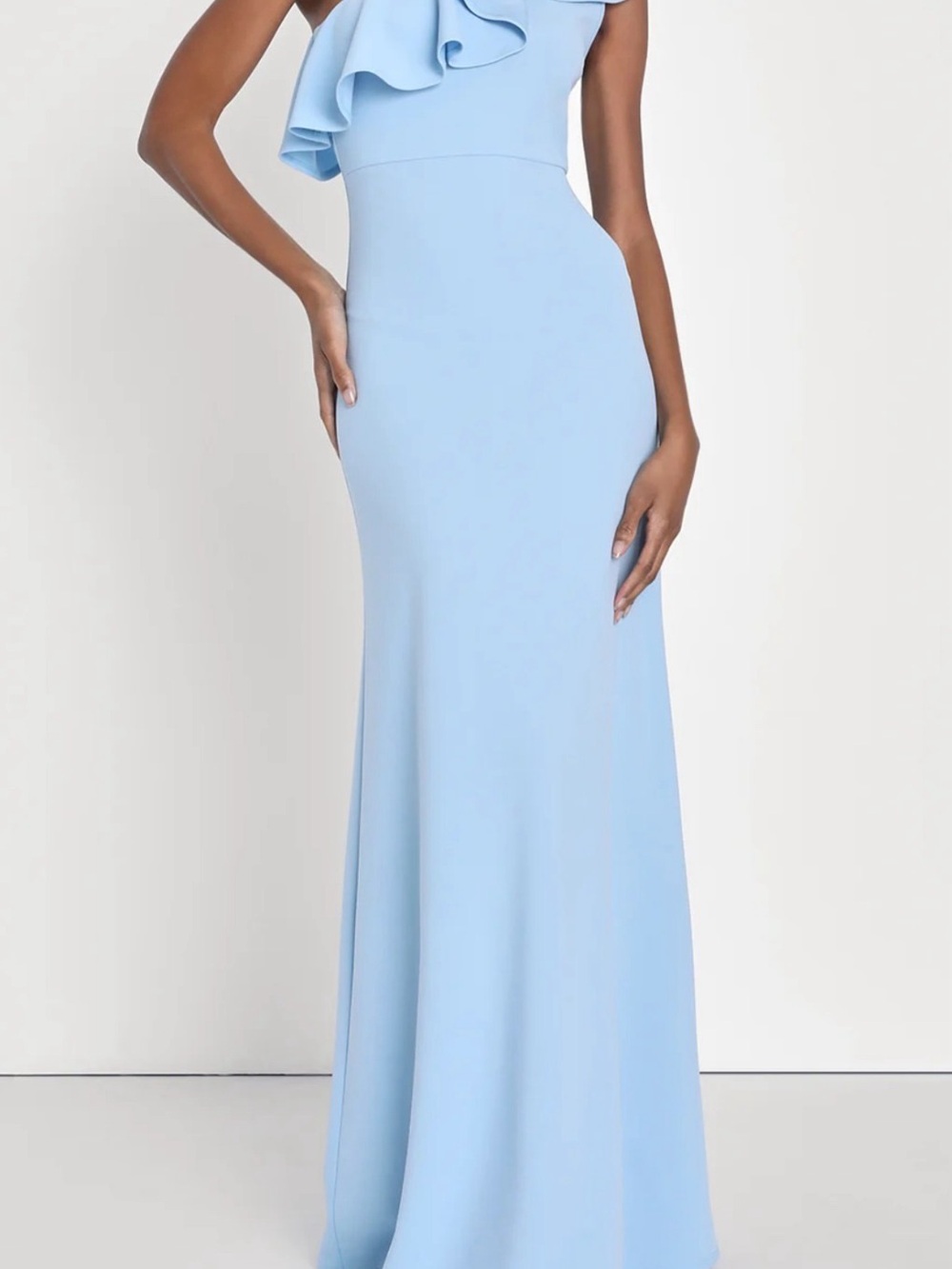 Elegant Light Blue One-Shoulder Ruffle Gown